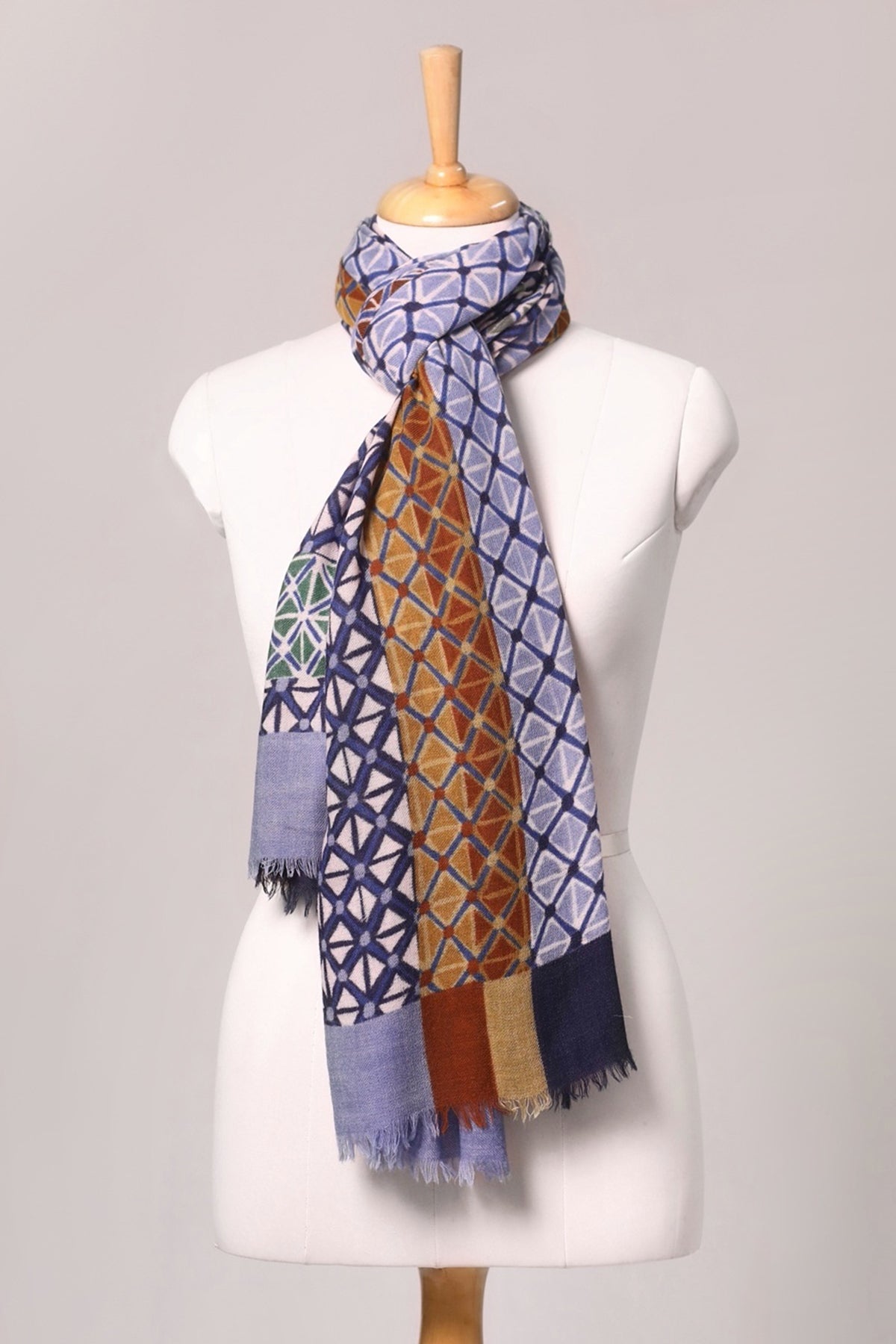 Modern Lattice Print Wool Scarf - Blue Multi | SVEŽElife