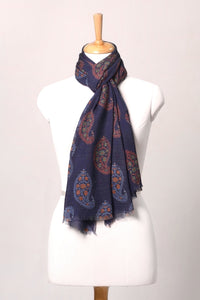 Indigo Paisley Print Twill Weave Wool Scarf - Blue Multi | SVEŽElife