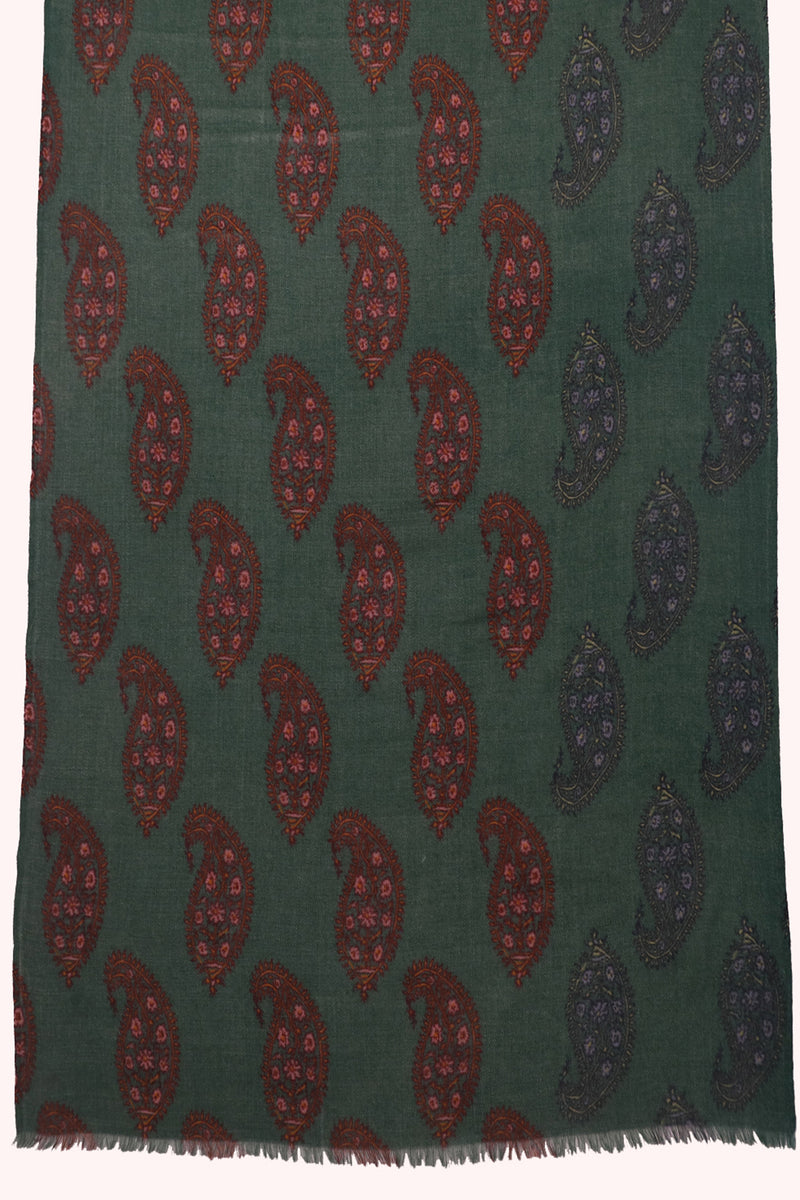 Emerald Paisley Print Twill Weave Wool Scarf - Green Multi | SVEŽElife