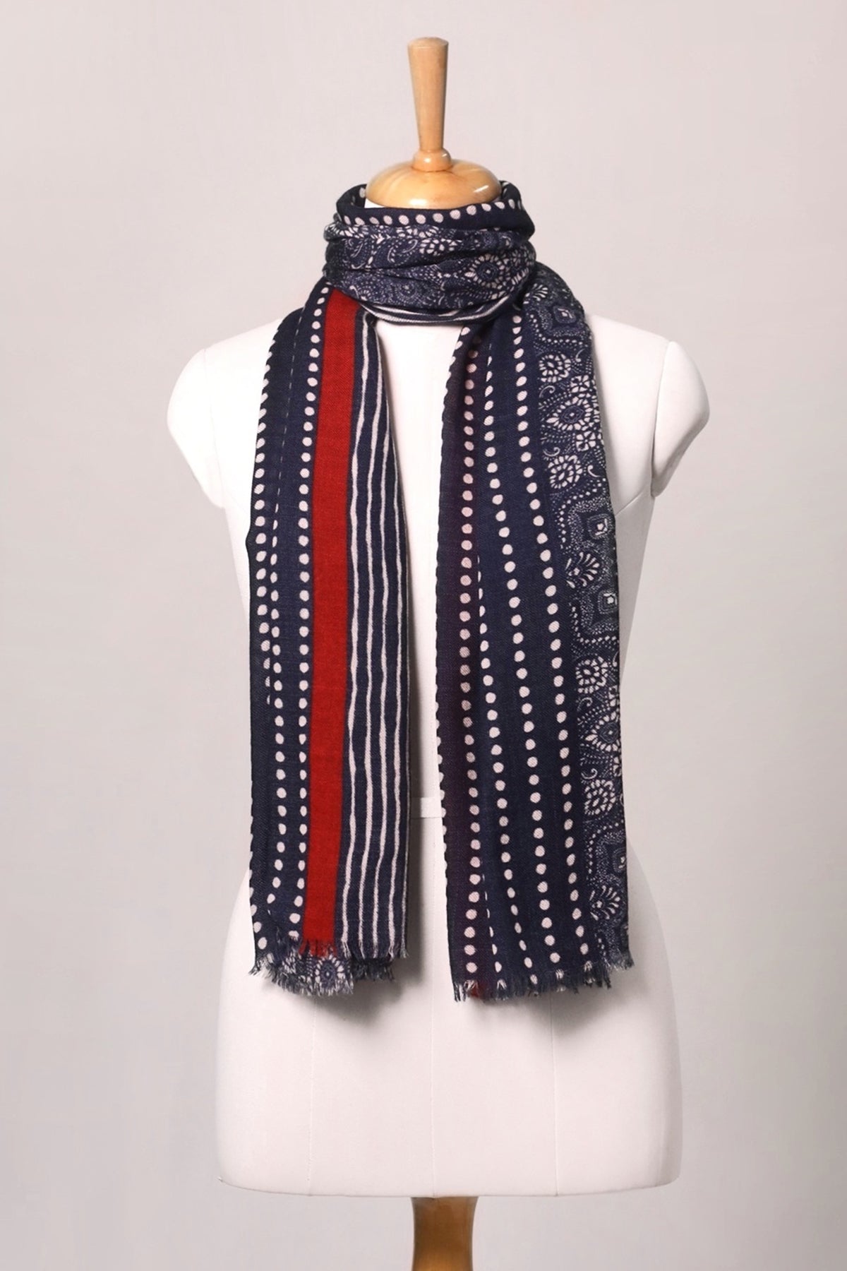 Indigo Bandhani Border Print Twill Weave Wool Scarf - Blue | SVEŽElife