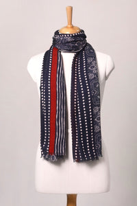 Indigo Bandhani Border Print Twill Weave Wool Scarf - Blue | SVEŽElife