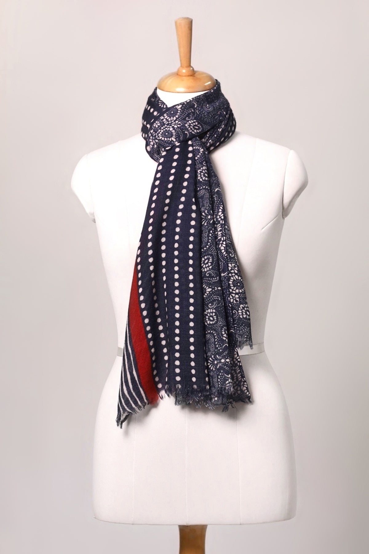 Indigo Bandhani Border Print Twill Weave Wool Scarf - Blue | SVEŽElife