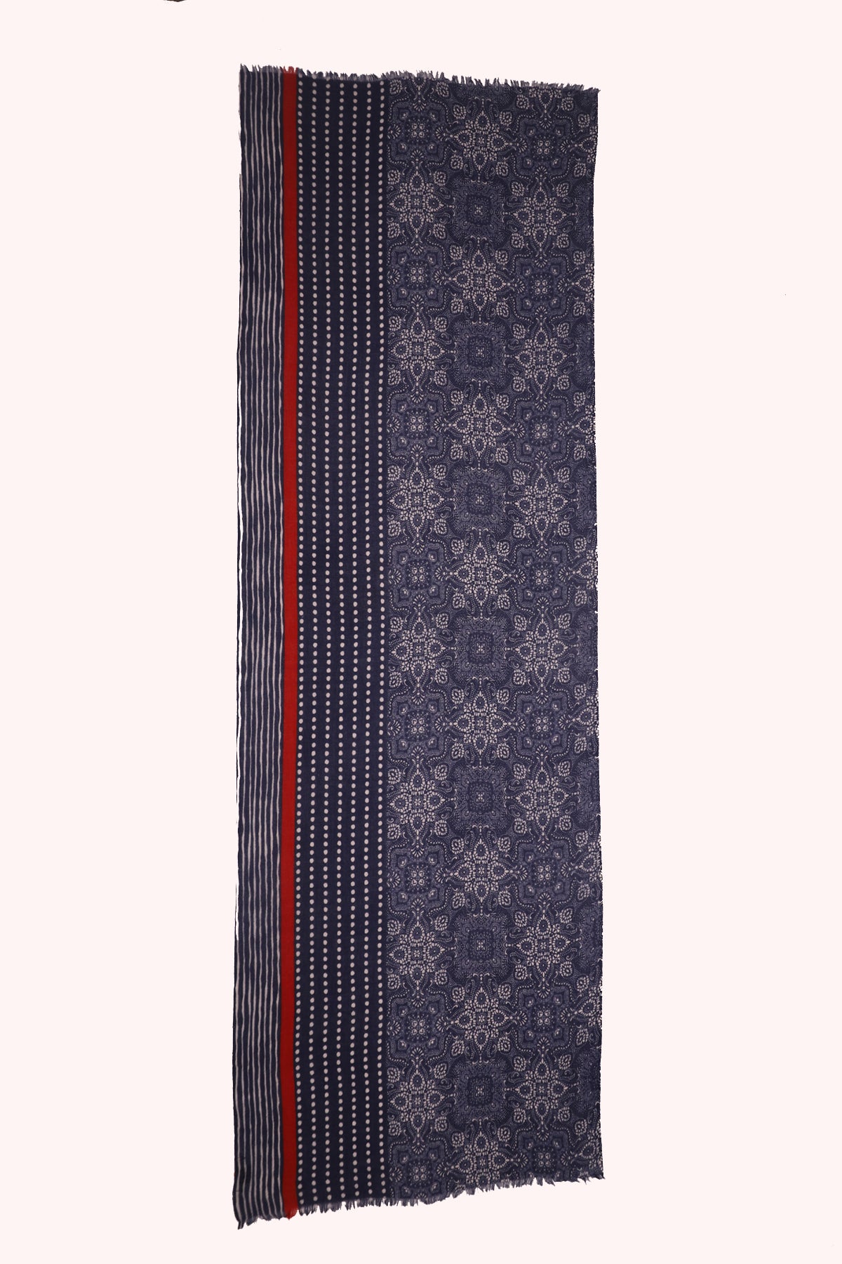 Indigo Bandhani Border Print Twill Weave Wool Scarf - Blue | SVEŽElife