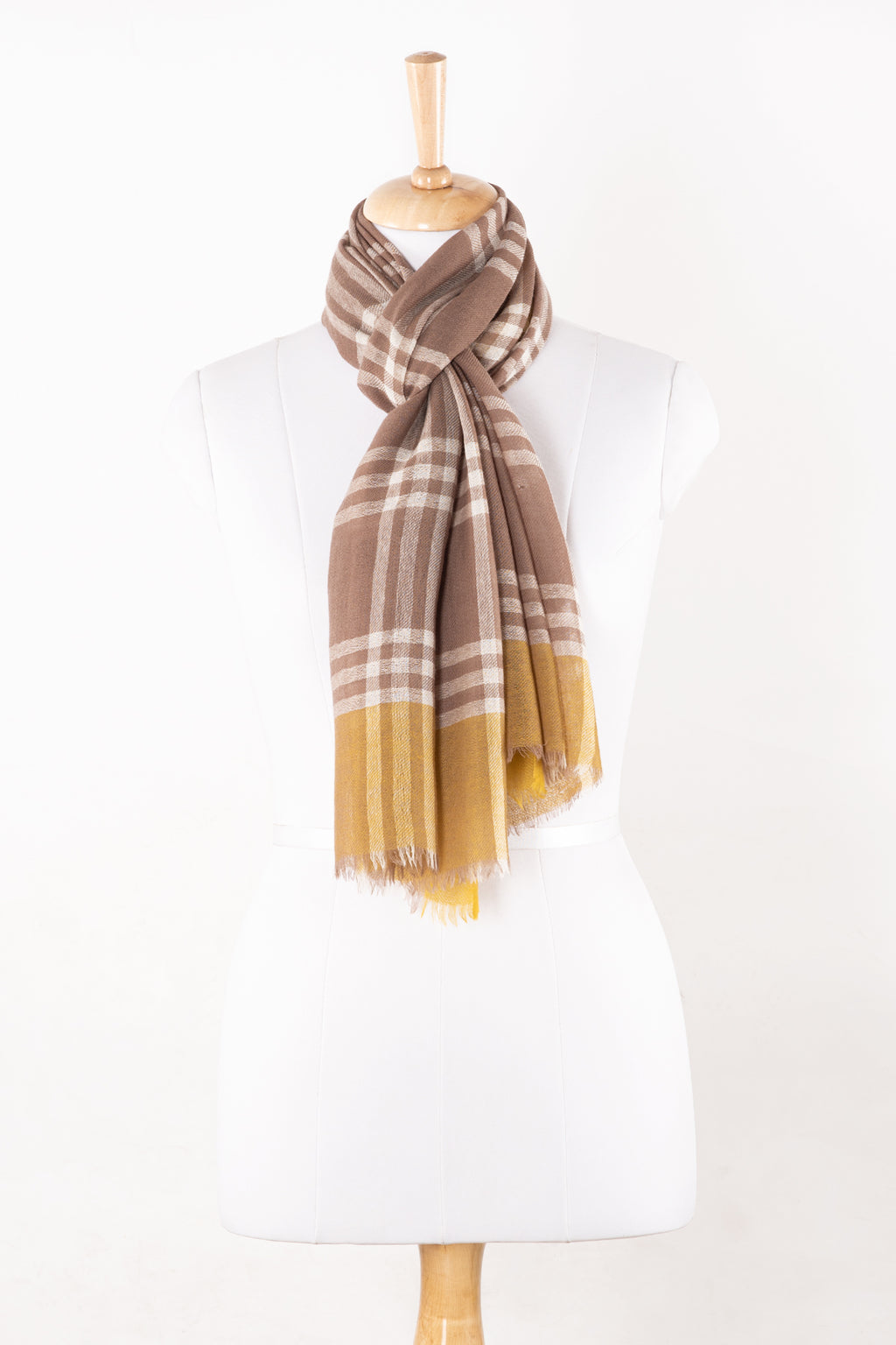 SVEZE Yarn Dyed Windowpane Checks Twill Weave Merino Wool Scarf - Beige Ochre - Regular Drape