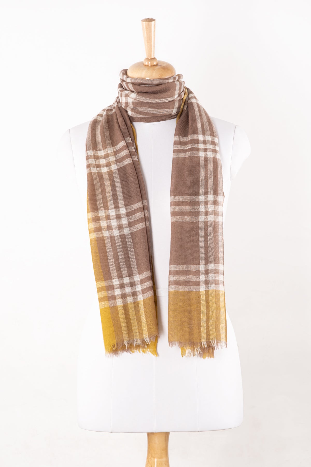 SVEZE Yarn Dyed Windowpane Checks Twill Weave Merino Wool Scarf - Beige Ochre - Alternate Drape