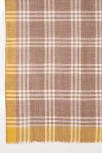 SVEZE Yarn Dyed Windowpane Checks Twill Weave Merino Wool Scarf - Beige Ochre - Flat Look