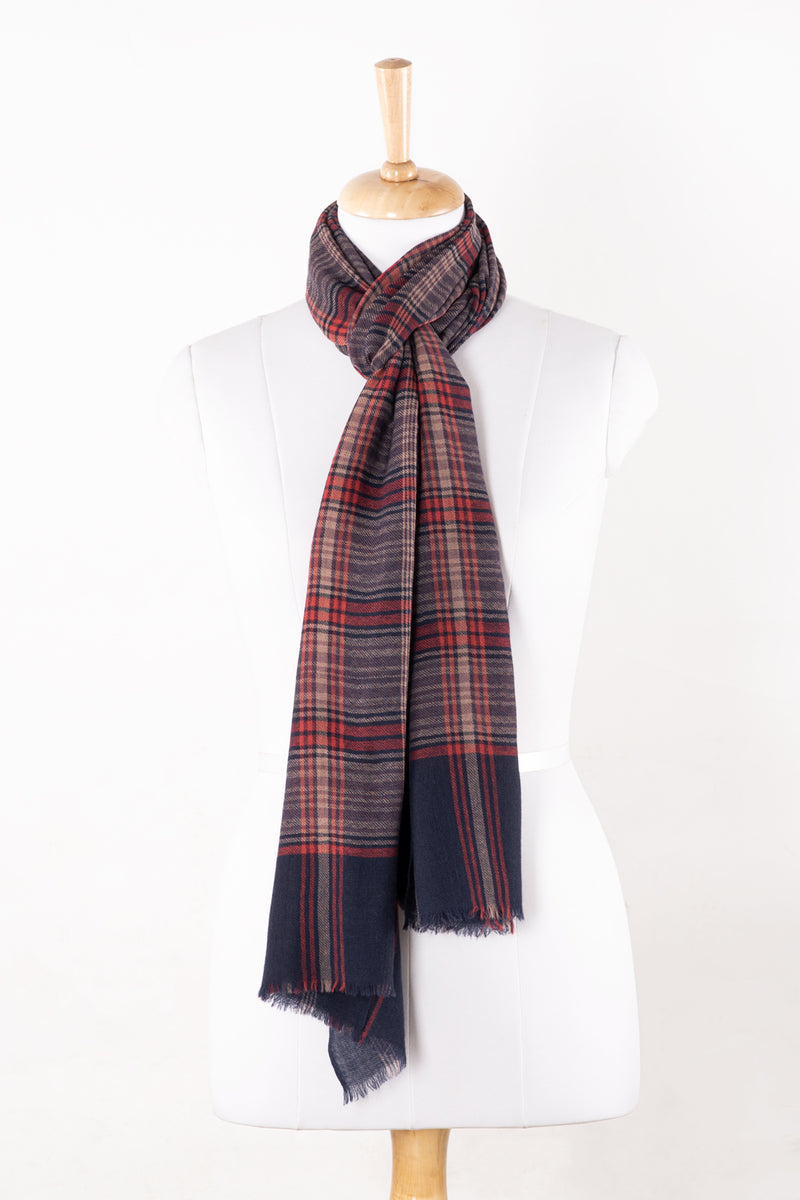 SVEZE Yarn Dyed Checks and Stripes Twill Weave Merino Wool Scarf - Purple Pink Multi - Alternate Drape