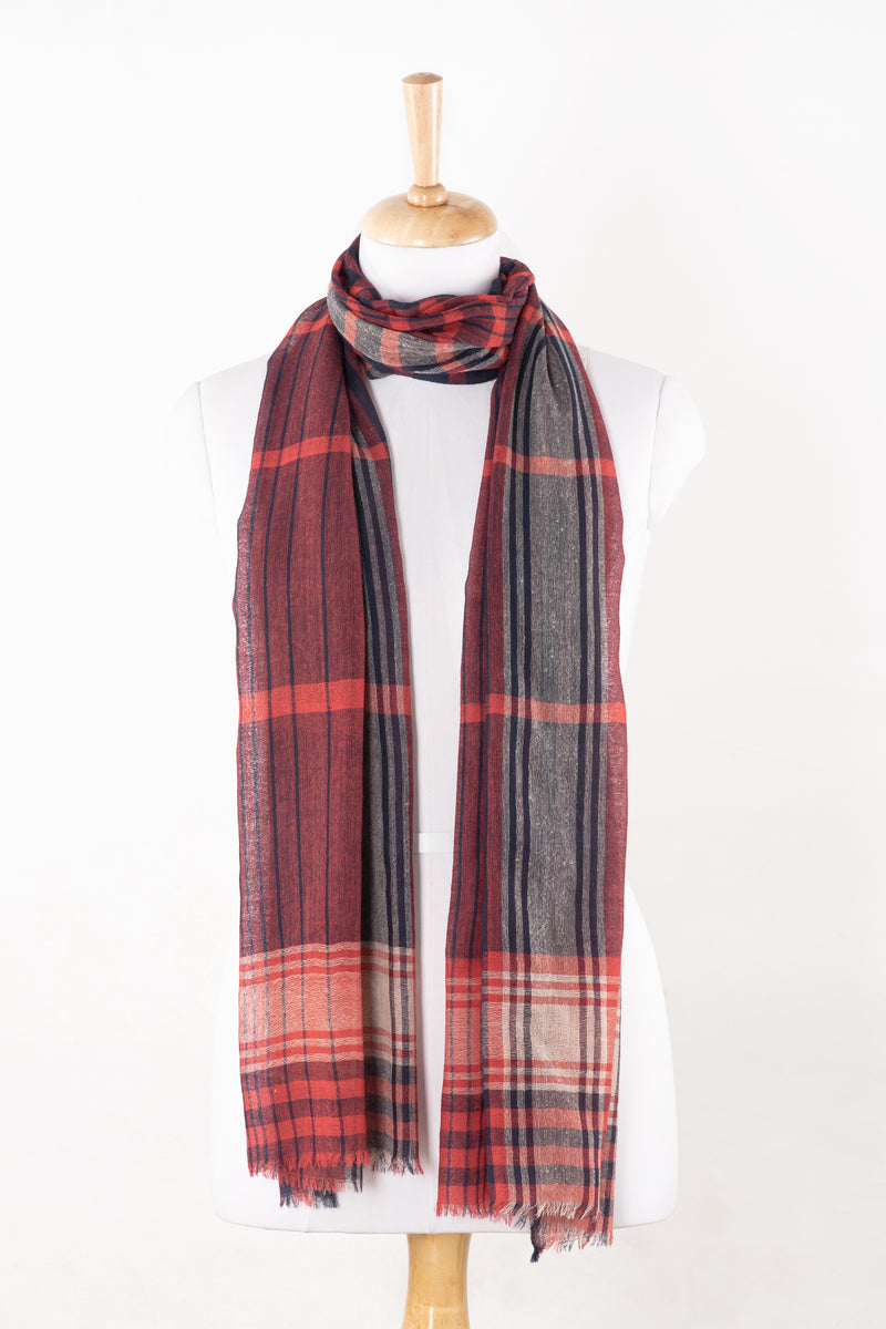 SVEZE Yarn Dyed Checks and Stripes Merino Wool Scarf - Fuchsia Pink Navy - Regular Drape