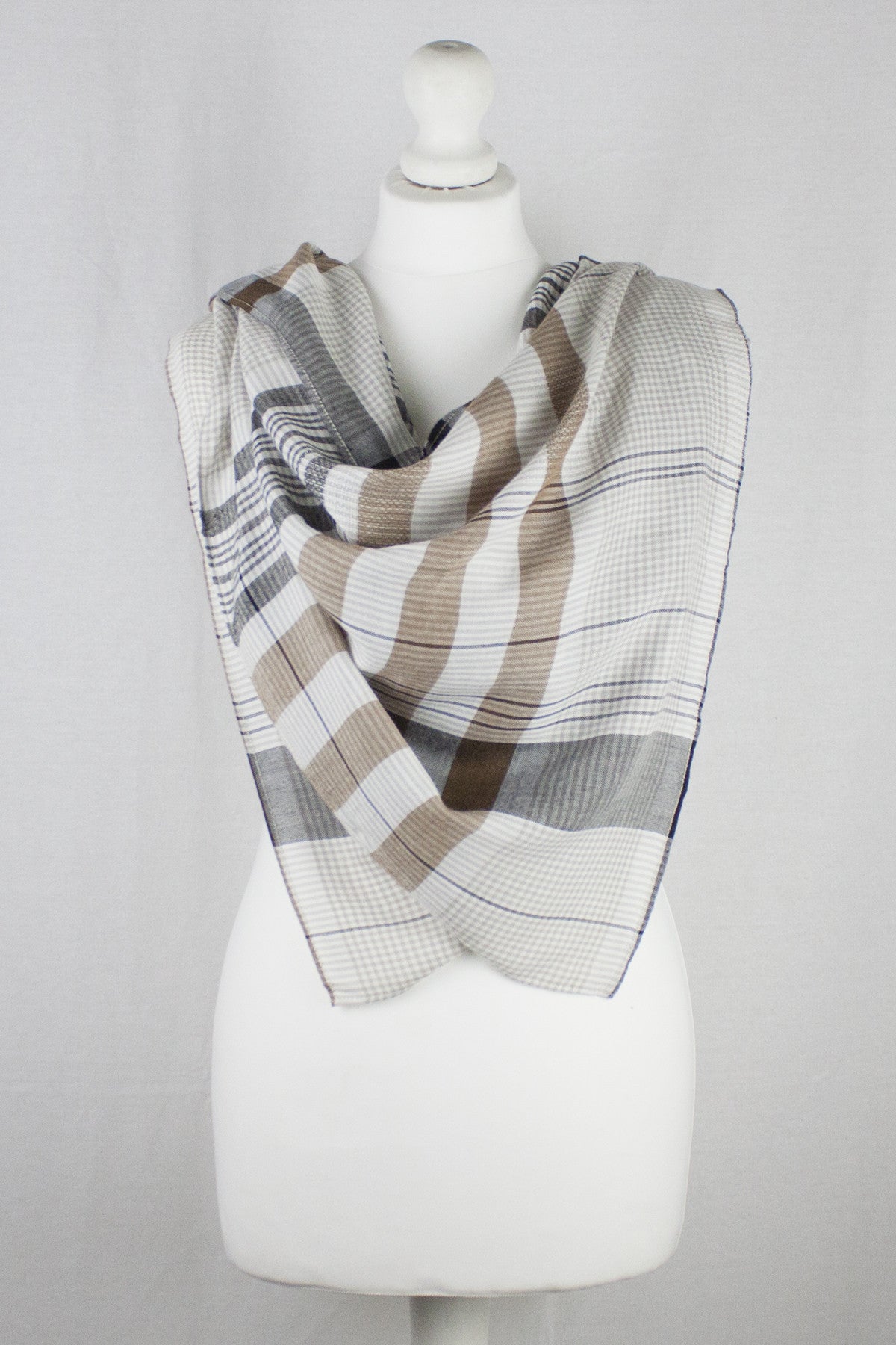 Checks and Stripes Textured Weave Viscose Scarf - Beige Black Off-White