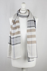 Checks and Stripes Textured Weave Viscose Scarf - Beige Black Off-White