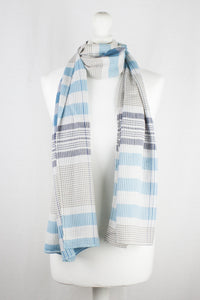 Checks and Stripes Textured Weave Viscose Scarf - Blue Navy Beige