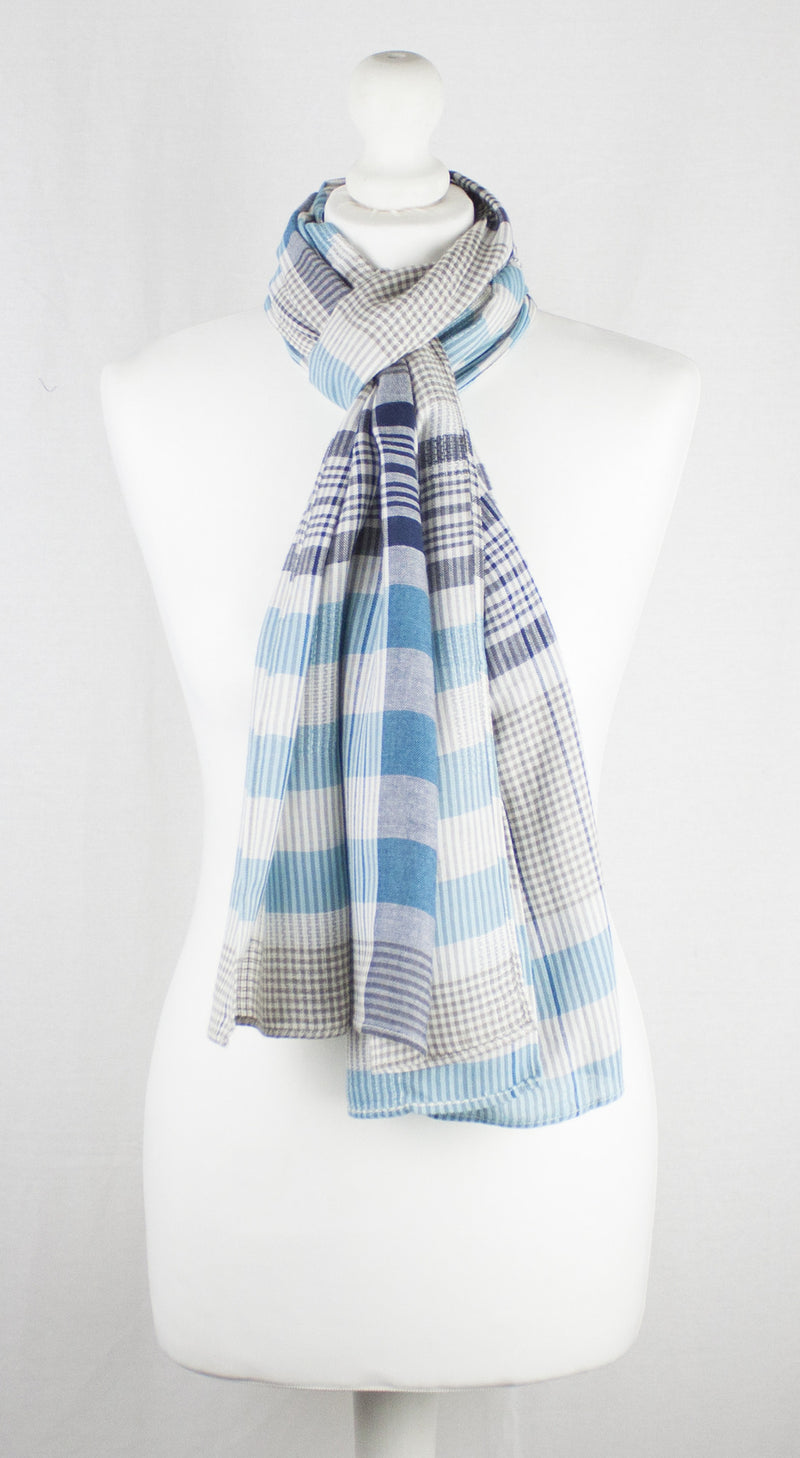 Checks and Stripes Textured Weave Viscose Scarf - Blue Navy Beige