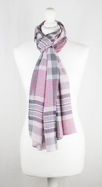Checks and Stripes Textured Weave Viscose Scarf - Pink Black Off-White