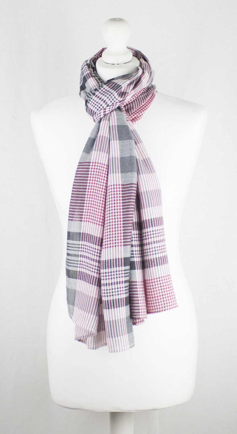 Checks and Stripes Textured Weave Viscose Scarf - Pink Black Off-White