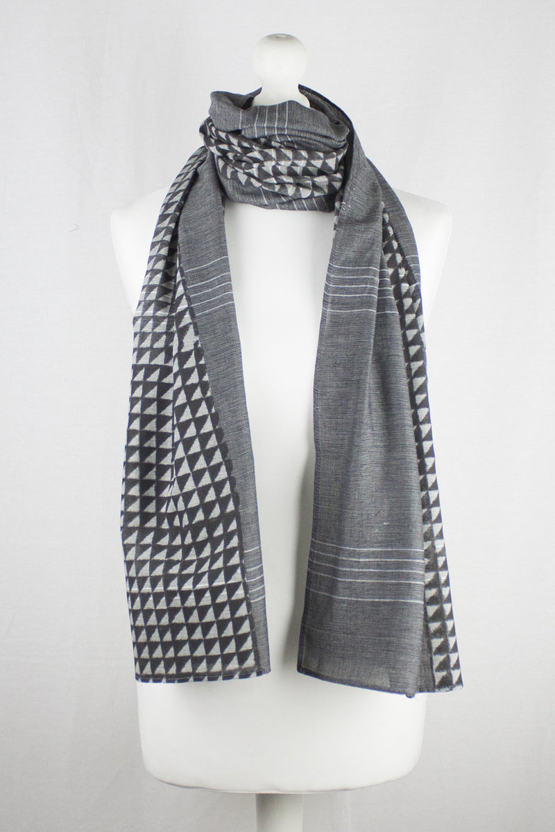 Triangle Print Chambray Cotton Scarf -  Grey Black