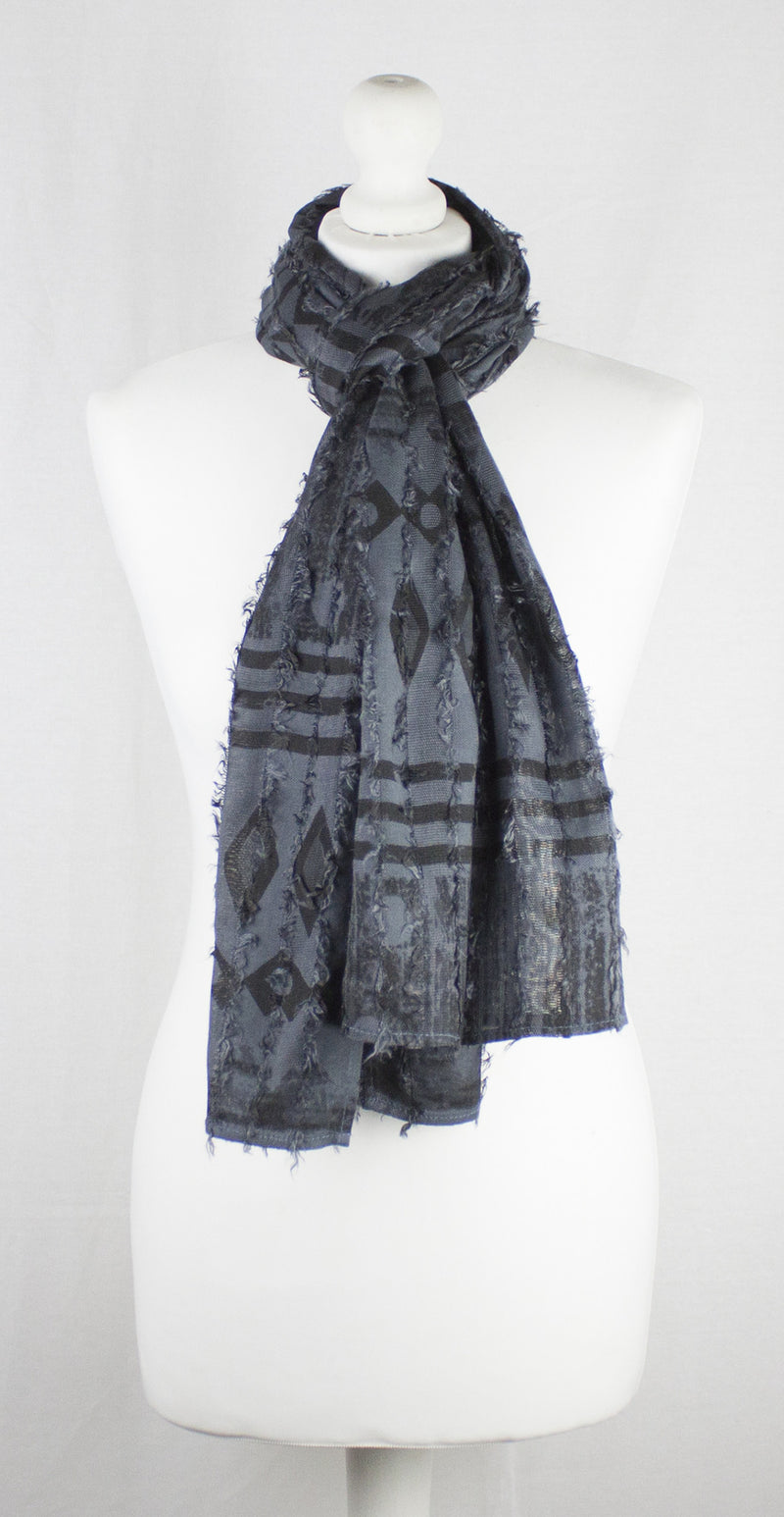 Frayed Stripes Block Printed Viscose Scarf - Grey Black