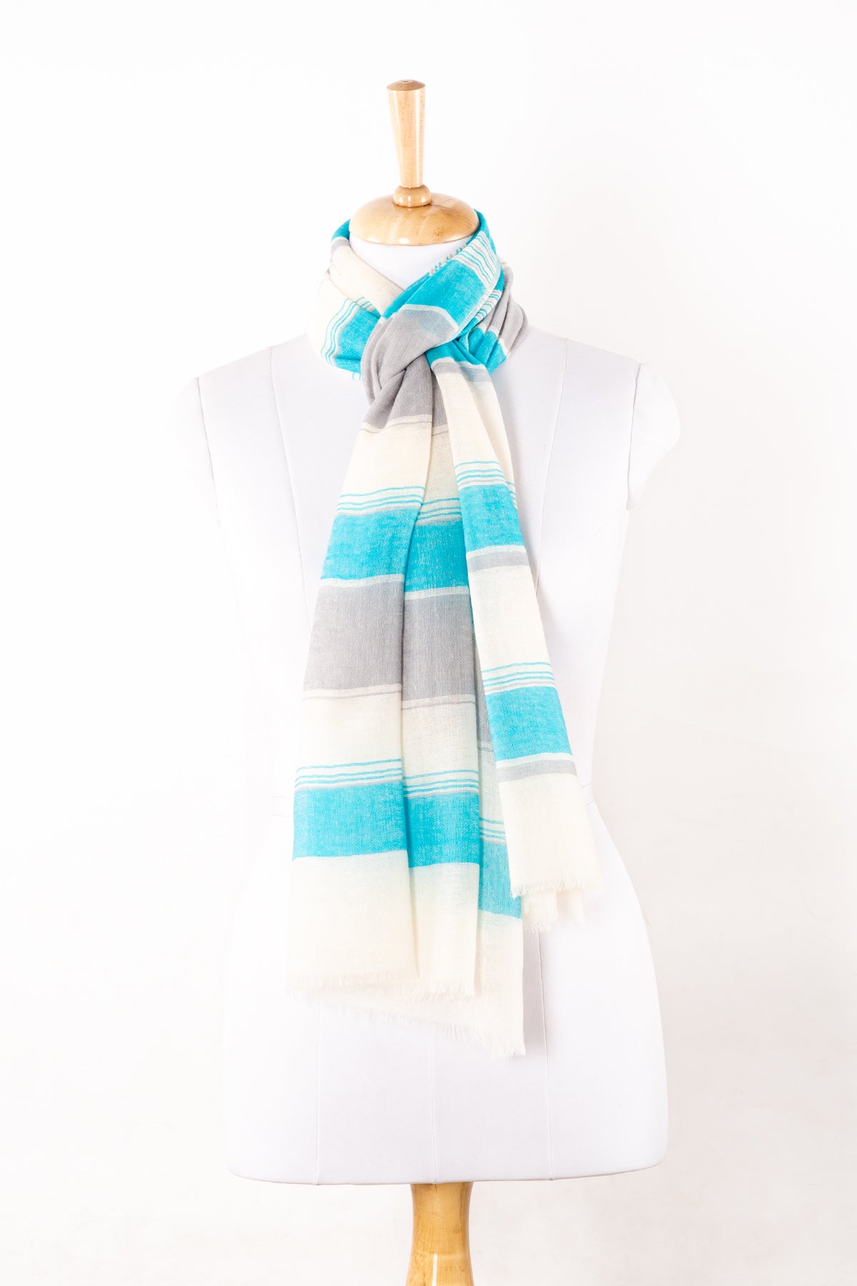 Sveze - Wide Stripes Merino Wool Scarf - Turquoise White - Alternate Drape