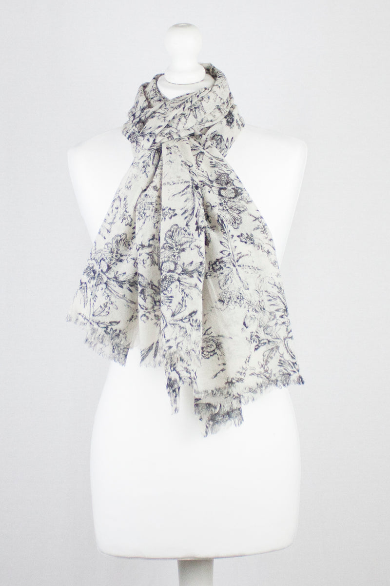 Sketchy Floral Print Merino Wool Scarf - Off White