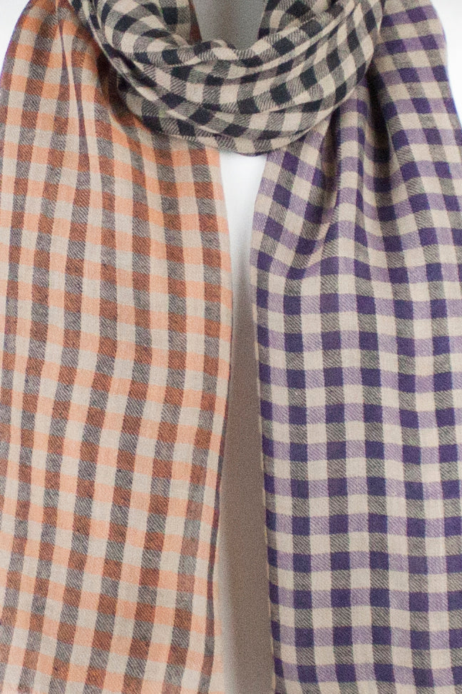 Color Block Checks Merino Wool Scarf - Purple Black Orange