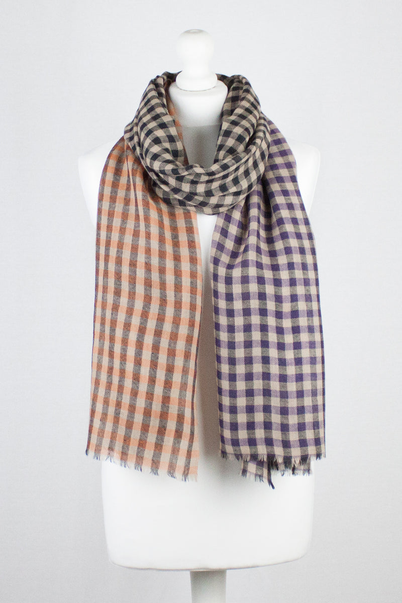 Color Block Checks Merino Wool Scarf - Purple Black Orange