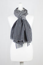 Box Checks with Stripe Border Merino Wool Scarf - Black White