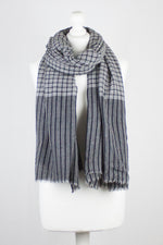 Box Checks with Stripe Border Merino Wool Scarf - Black White