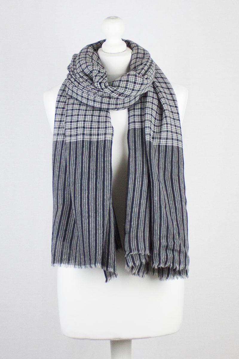 Box Checks with Stripe Border Merino Wool Scarf - Black White