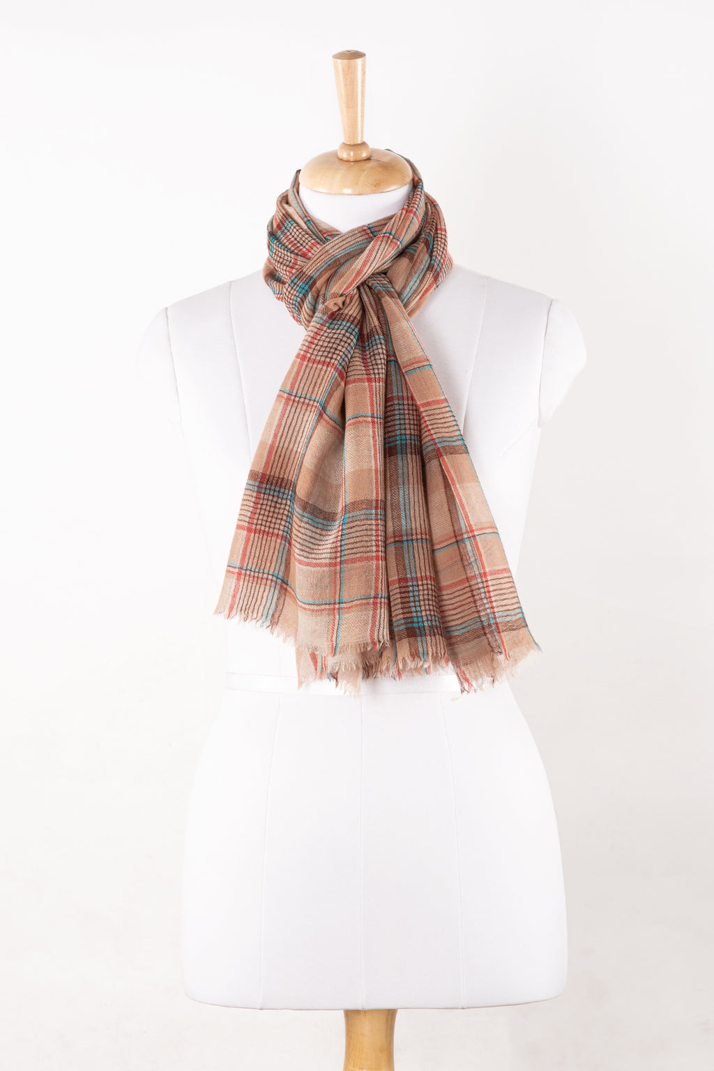 SVEZE Yarn Dyed Twill Weave Checks Merino Wool Scarf - Fawn Multi - Regular Drape