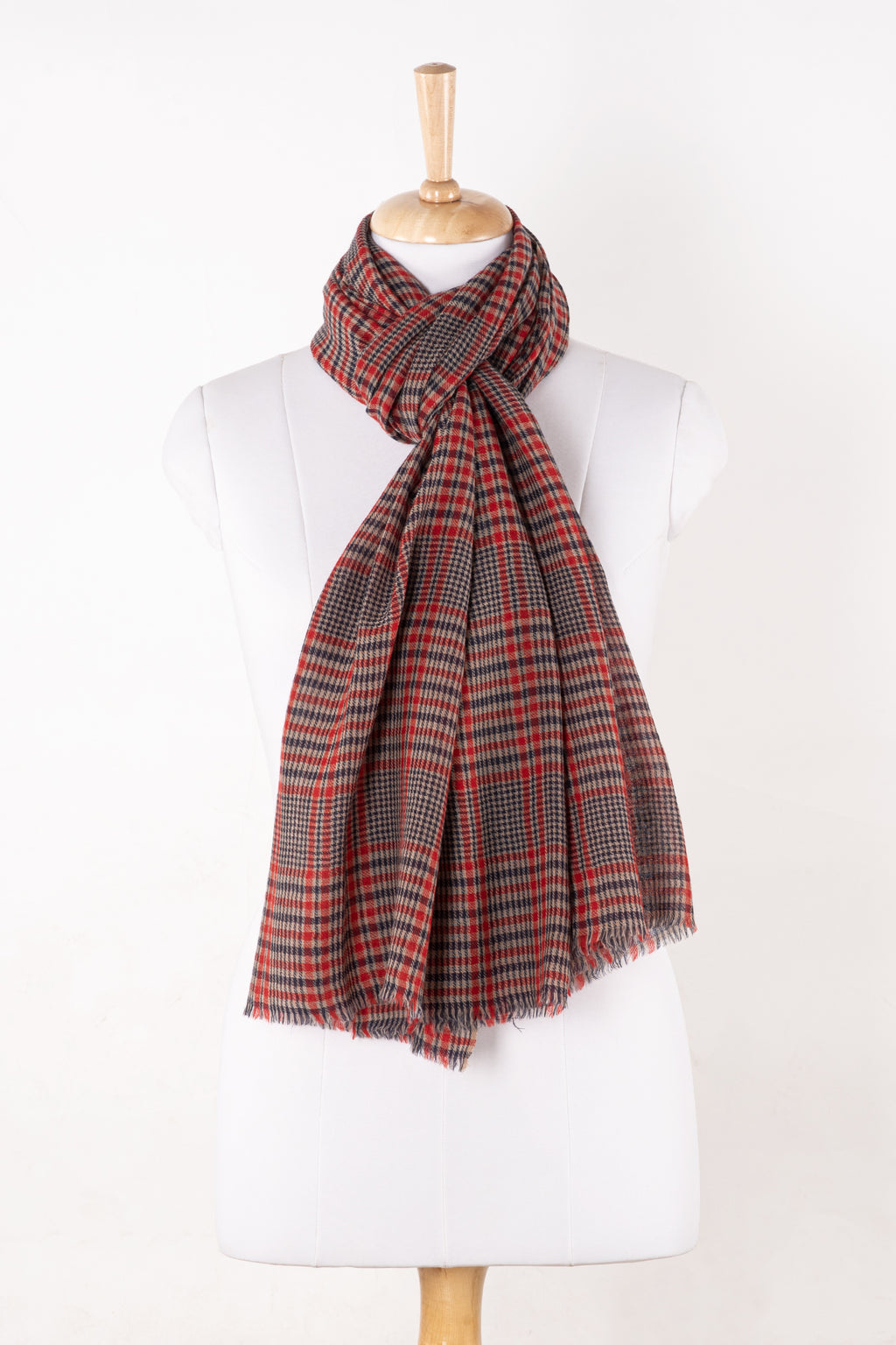 SVEZE Windowpane Hounds-tooth Check Twill Weave Merino Wool Scarf - Blue Red - Regular Drape