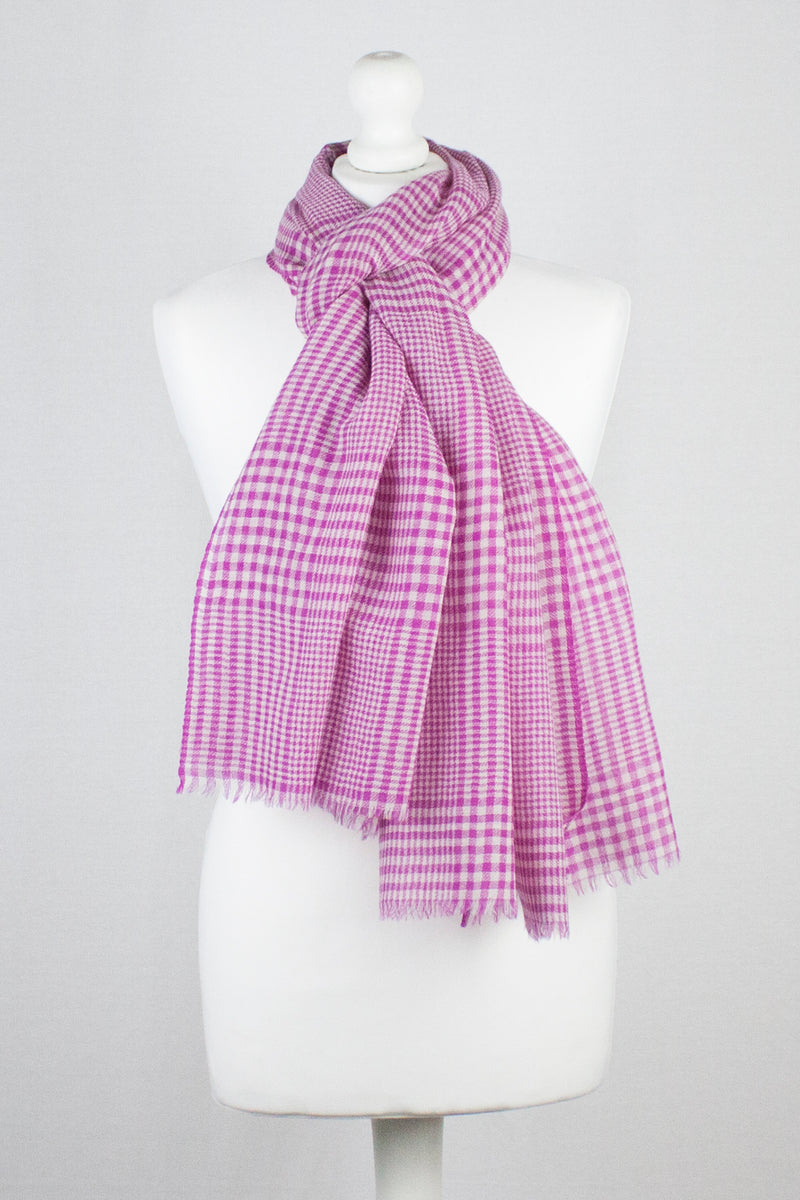 Gingham Mix Merino Wool Scarf - Fuschia