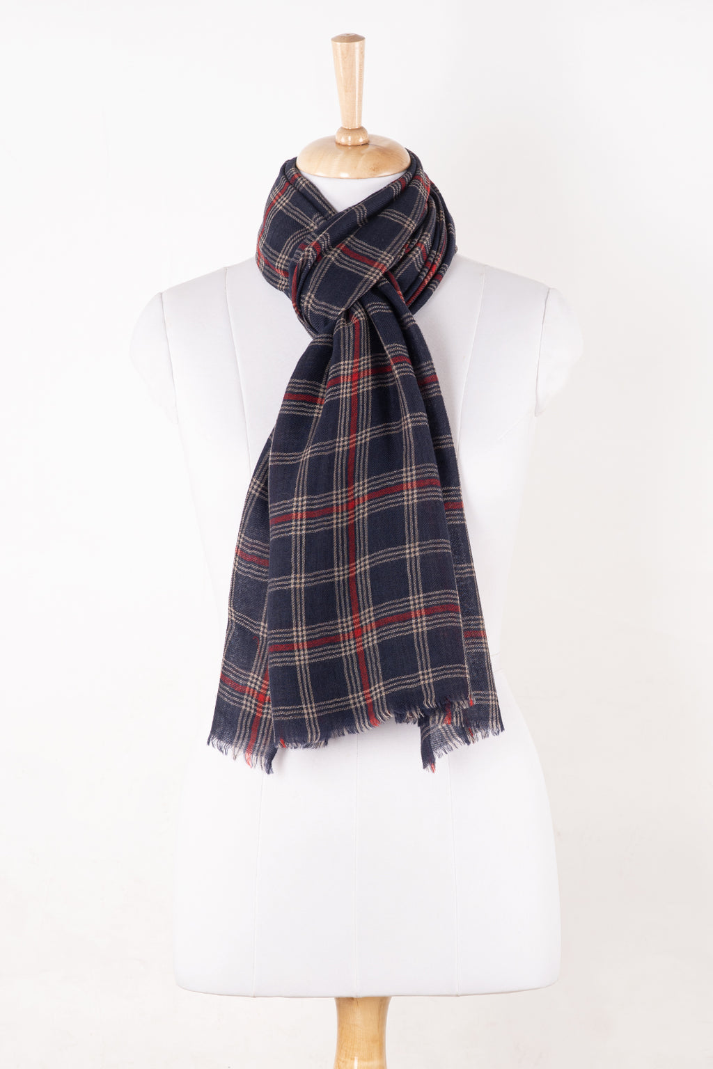 SVEZE Yarn Dyed Twill Weave Classic Checks Merino Wool Scarf - Navy Red - Regular Drape