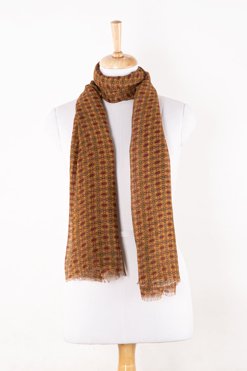 SVEZE Tile Print Linen Cotton Scarf - Ochre Red - Alternate Drape