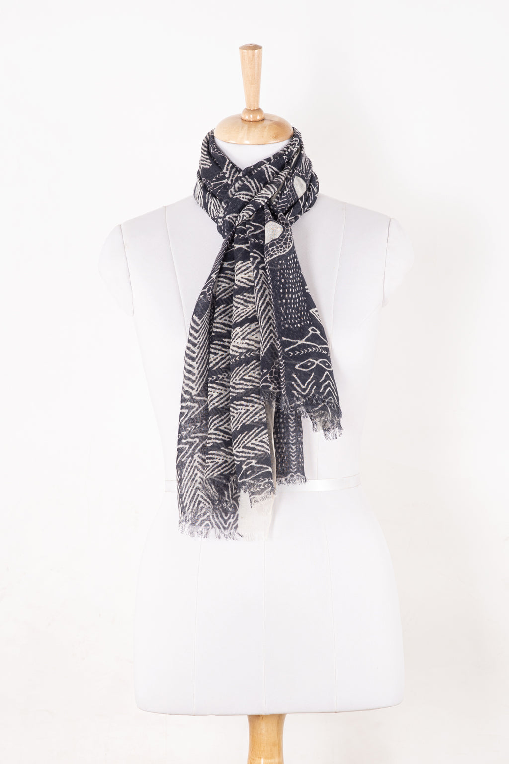 SVEZE Tribal Print Linen Cotton Scarf - Black - Regular Drape