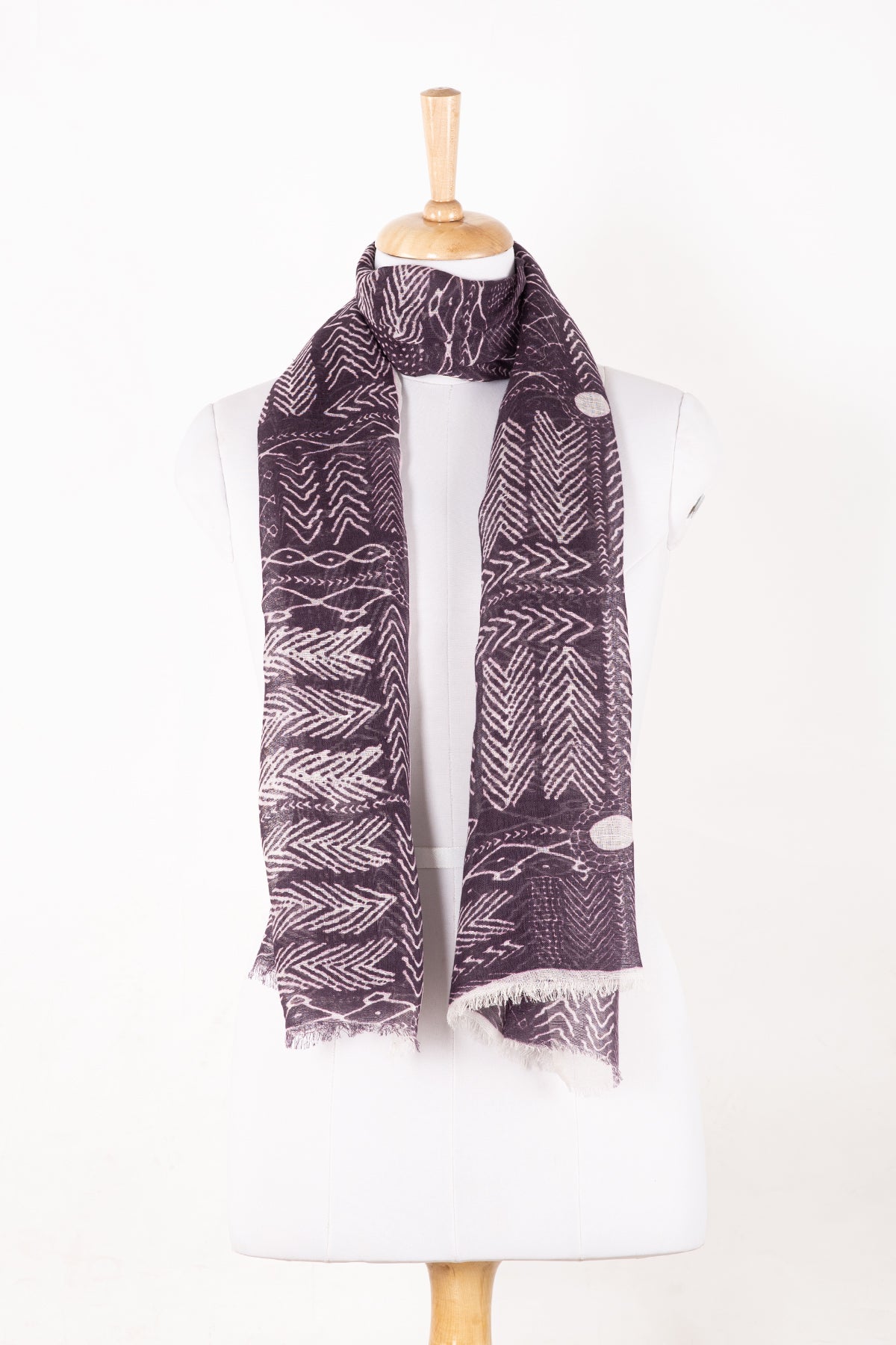 SVEZE Tribal Print Linen Cotton Scarf - Plum - Alternate Drape