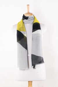 Sveze - Abstract Geometry Print Linen Cotton Scarf - Grey Black Lime - Regular Drape
