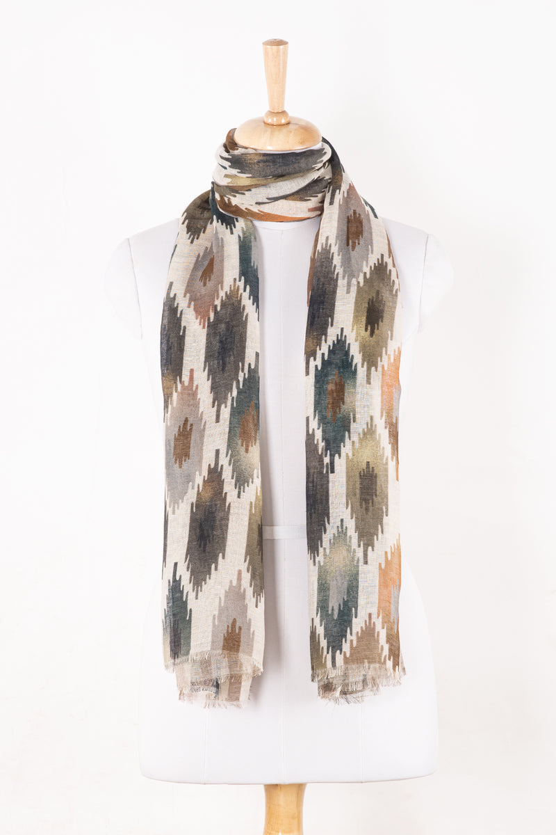 Sveze - Ikat Glory Printed Linen Cotton Scarf - Multi - Regular Drape