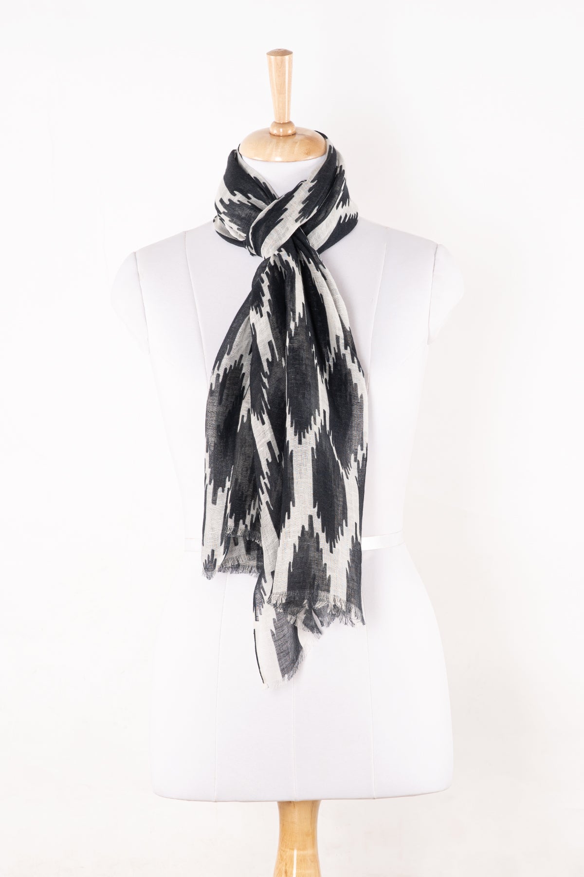 SVEZE Ikat Printed Linen Scarf - Black White - Regular Drape