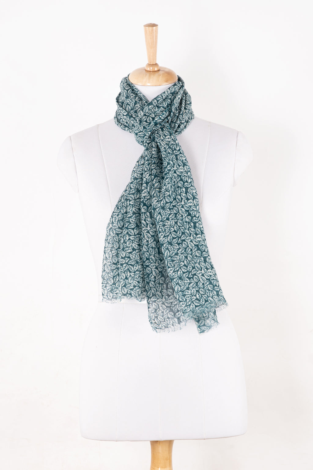 Sveze - Leaf Print Linen Cotton Scarf - Teal - Alternate Drape