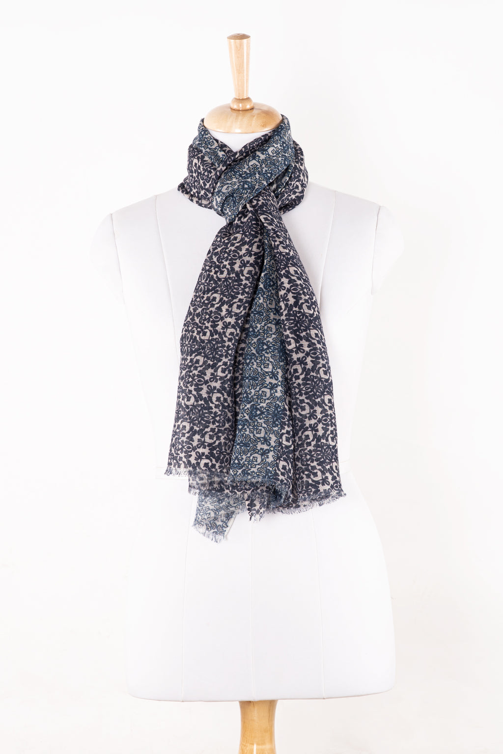 SVEZE Floral Tile Print Linen Cotton Scarf - Navy Cement - Regular Drape