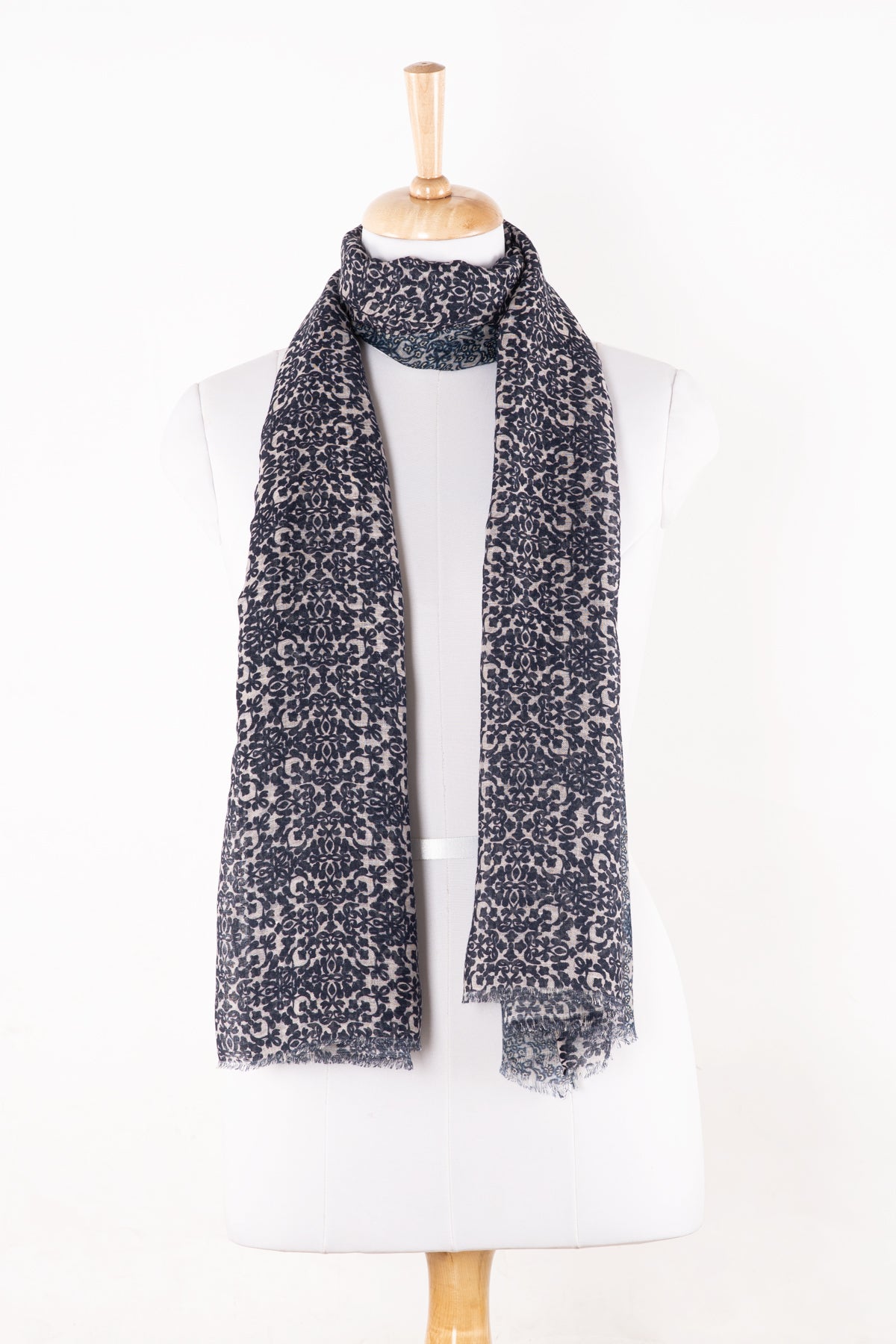 SVEZE Floral Tile Print Linen Cotton Scarf - Navy Cement - Alternate Drape