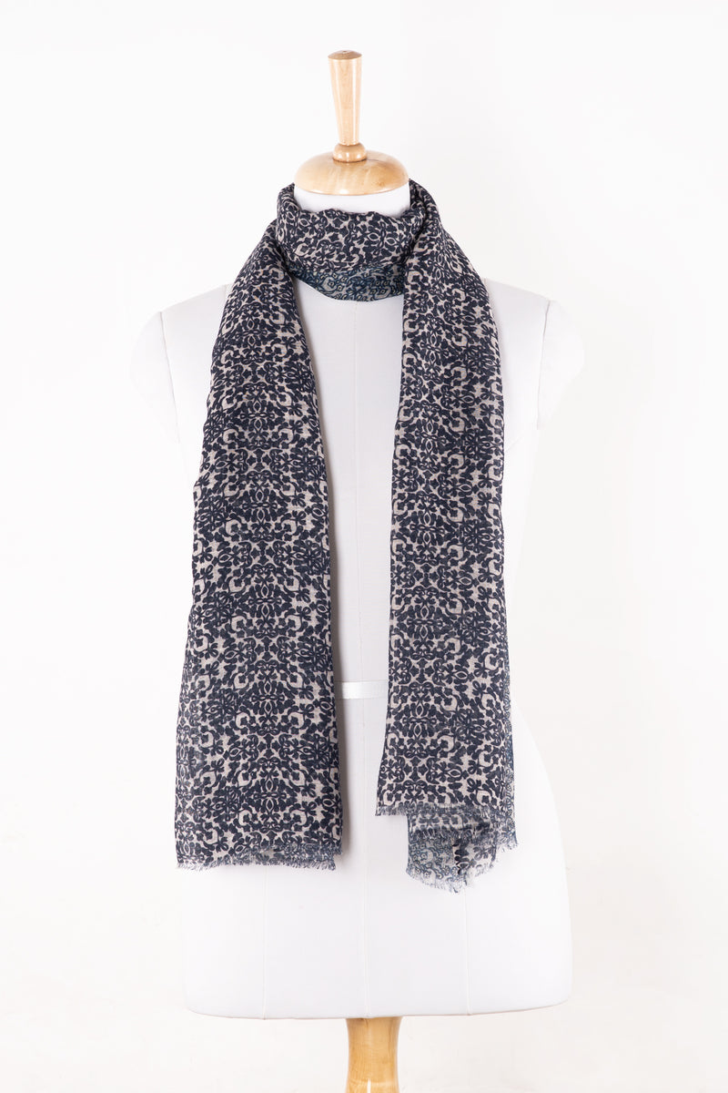 SVEZE Floral Tile Print Linen Cotton Scarf - Navy Cement - Alternate Drape