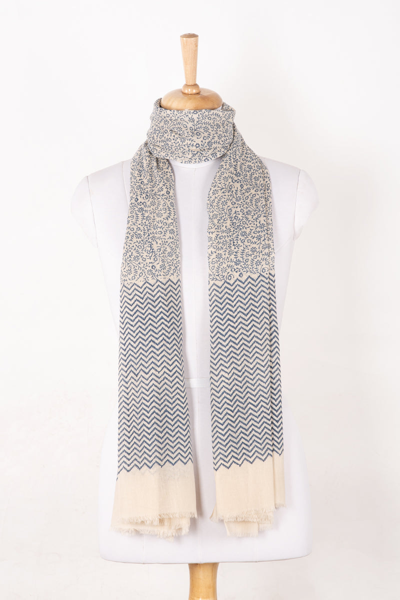 SVEZE Floral and Chevron Print Cotton Scarf - Dark Night Ecru - Alternate Drape