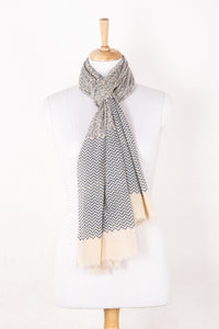 SVEZE Floral and Chevron Print Cotton Scarf - Dark Night Ecru - Regular Drape
