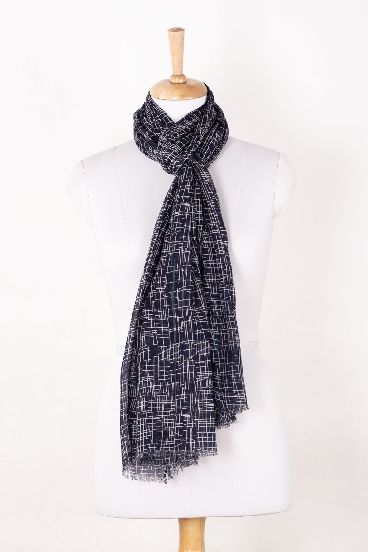 SVEZE Busy Strokes Print Cotton Modal Scarf - Navy - Regular Drape