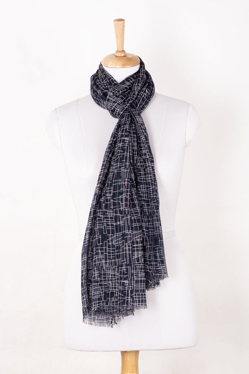SVEZE Busy Strokes Print Cotton Modal Scarf - Navy - Regular Drape