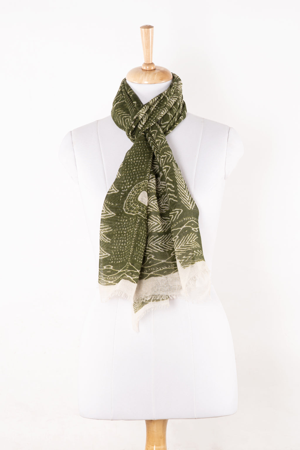 Sveze - Tribal Print Linen Cotton Scarf - Leaf Green - Alternate Drape