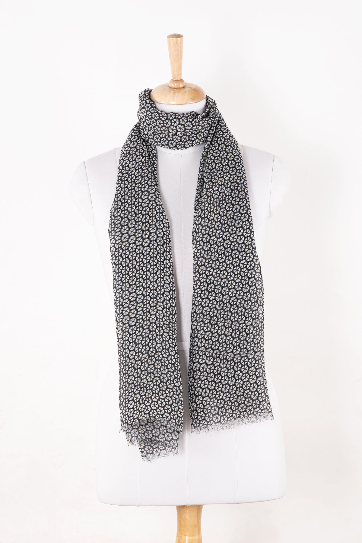 SVEZE Hexagon Wheel Print Linen Cotton Scarf - Black - Alternate Drape