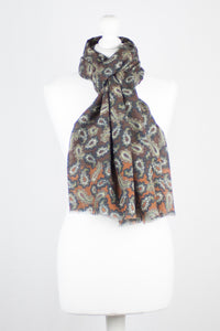 All Over Paisley Print Merino Wool Scarf - Brown Navy