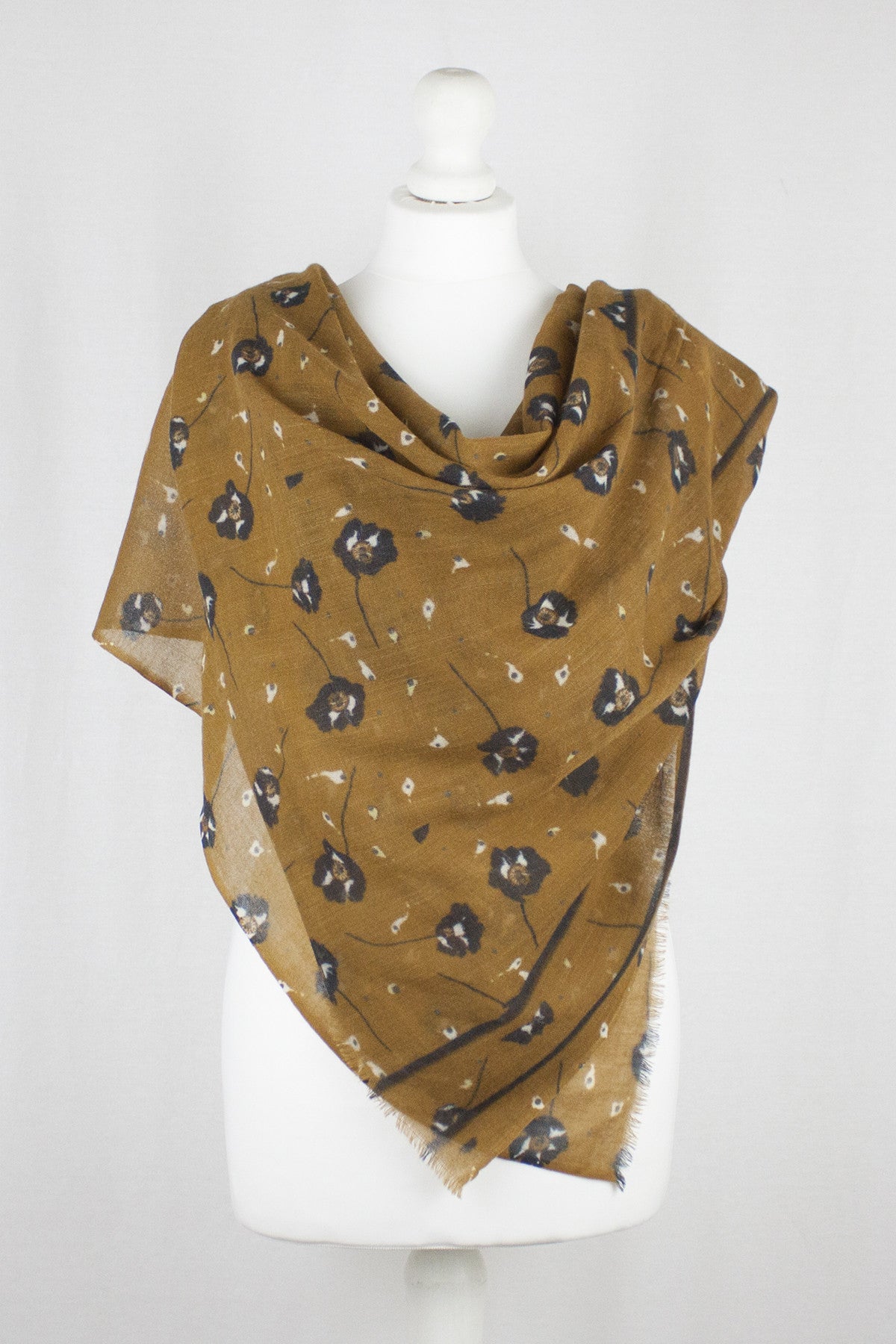 Poppy Flower Merino Wool Scarf - Ochre