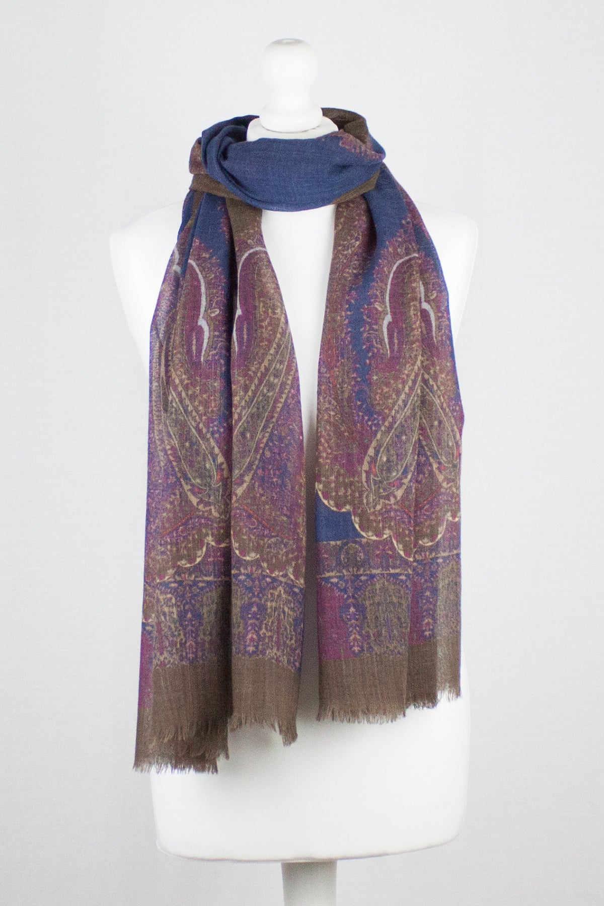 Persian Paisley Print Merino Wool Scarf - Navy Magenta Brown